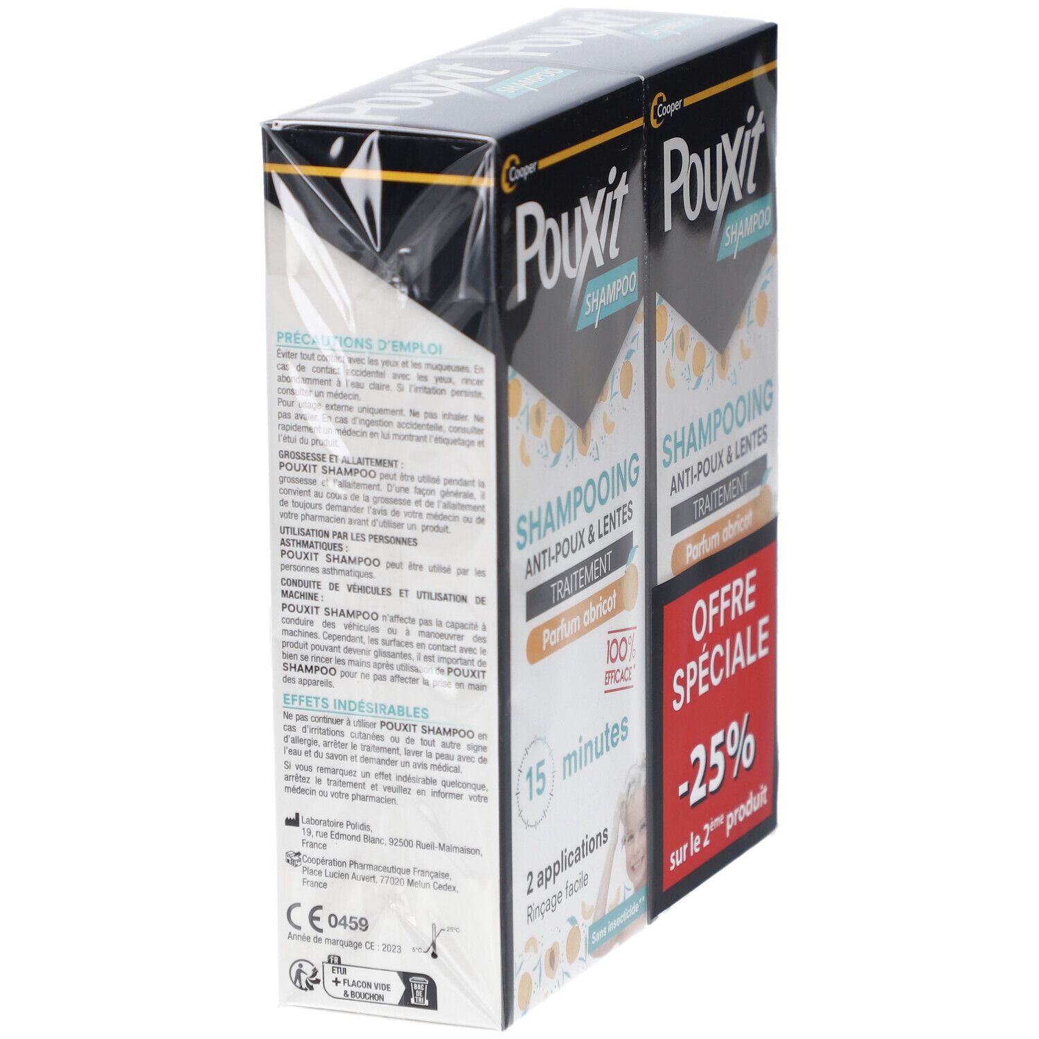 Deux boîtes de Pouxit Shampooing Anti-Poux et Lentes, emballées. Vue latérale avec informations produit et texte.