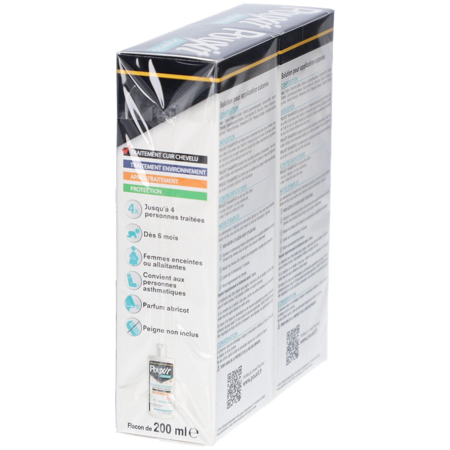 Vue latérale d'une boîte de Pouxit Shampooing Anti-Poux et Lentes. Informations d'utilisation et ingrédients.