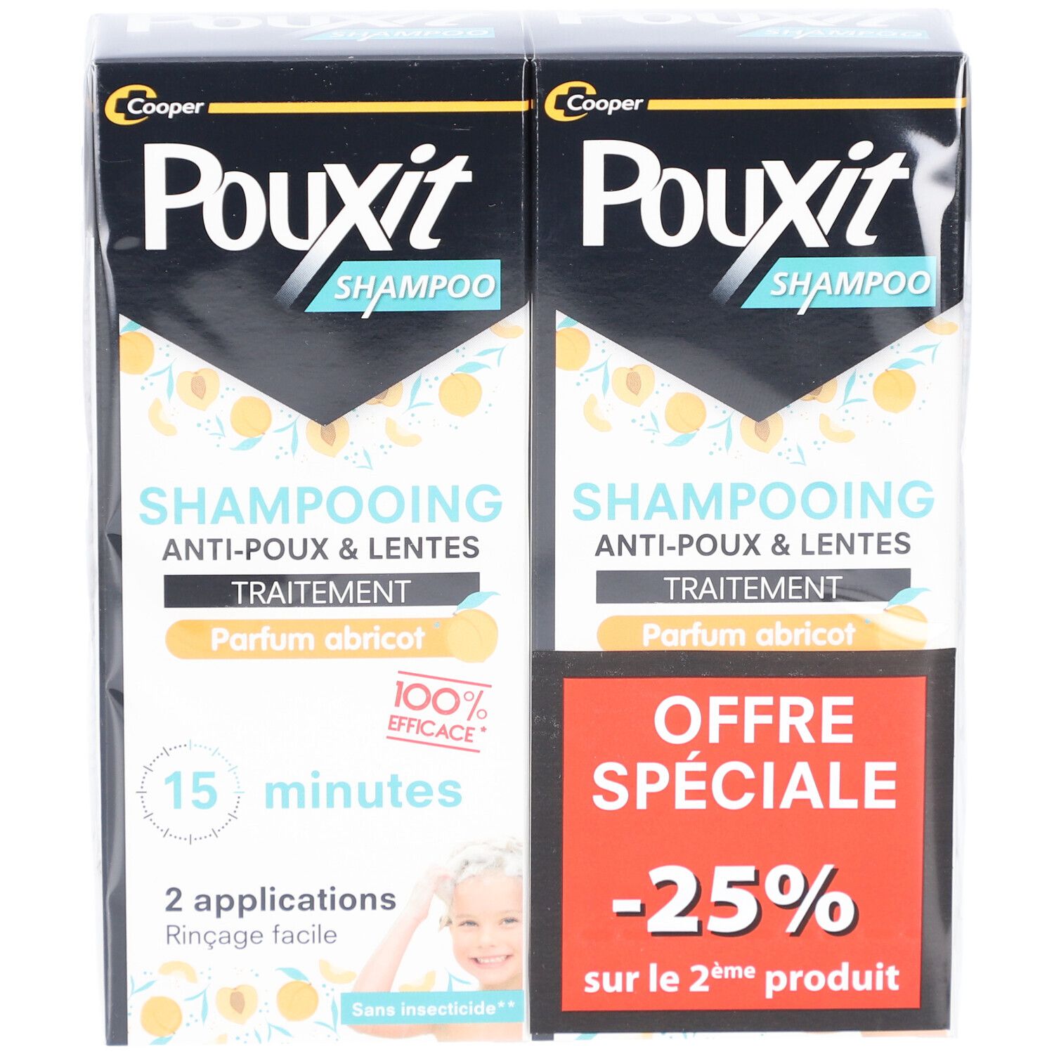Deux boîtes de Pouxit Shampooing Anti-Poux et Lentes. Vue de face avec nom, informations et remise.