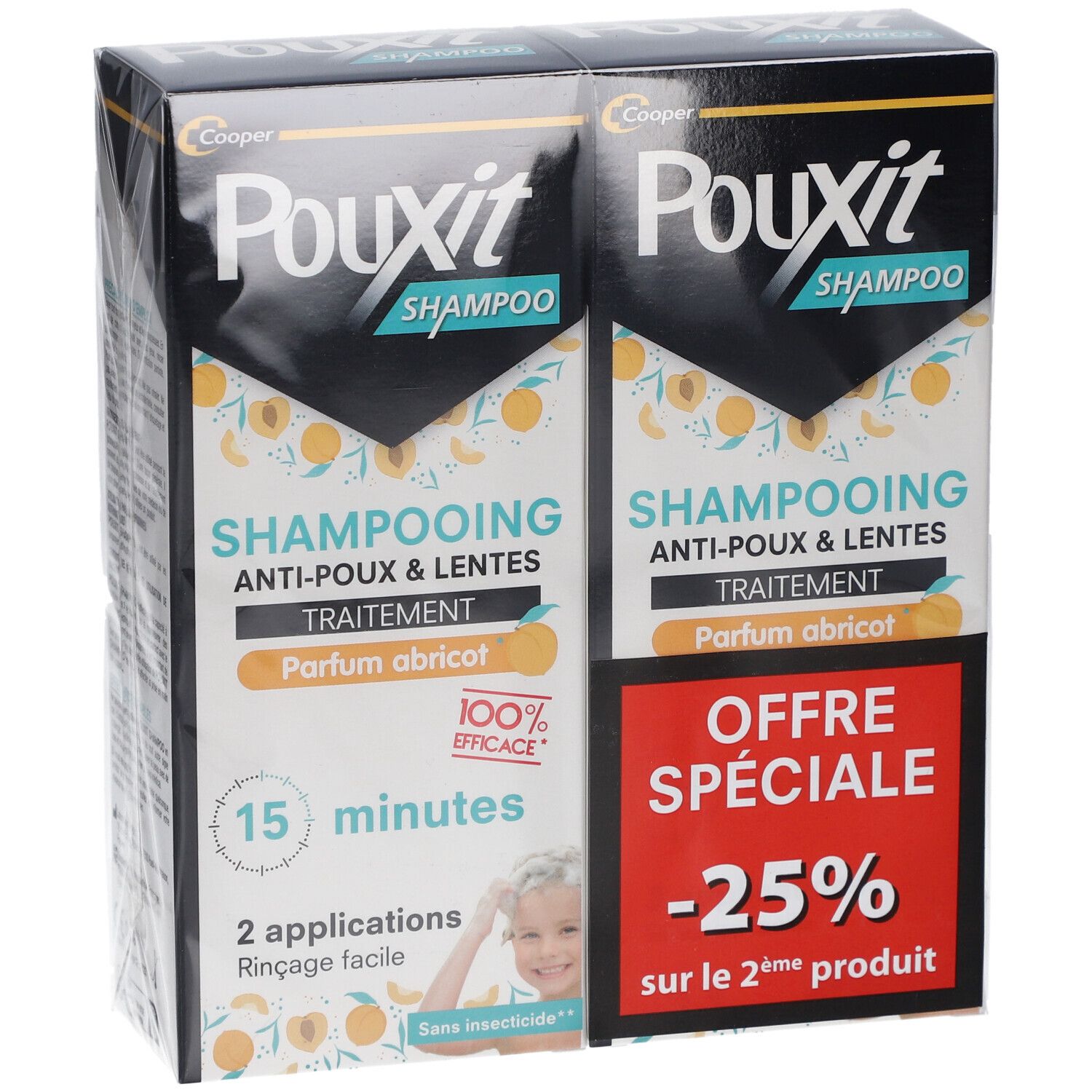 Deux boîtes de Pouxit Shampooing Anti-Poux et Lentes. Vue de face avec nom, informations et remise.