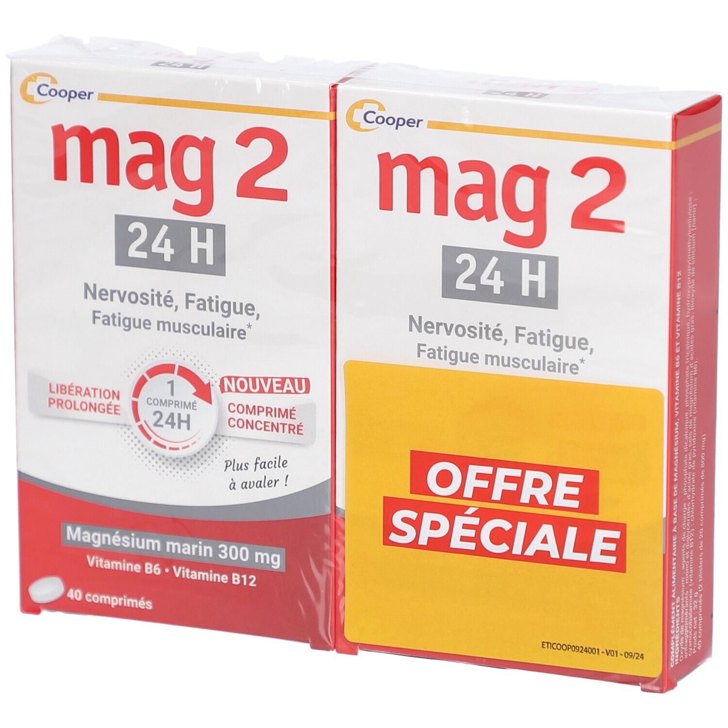 Deux boîtes de MAG 2 24H. Emballage rouge et blanc avec informations produit. Contient 40 comprimés.
