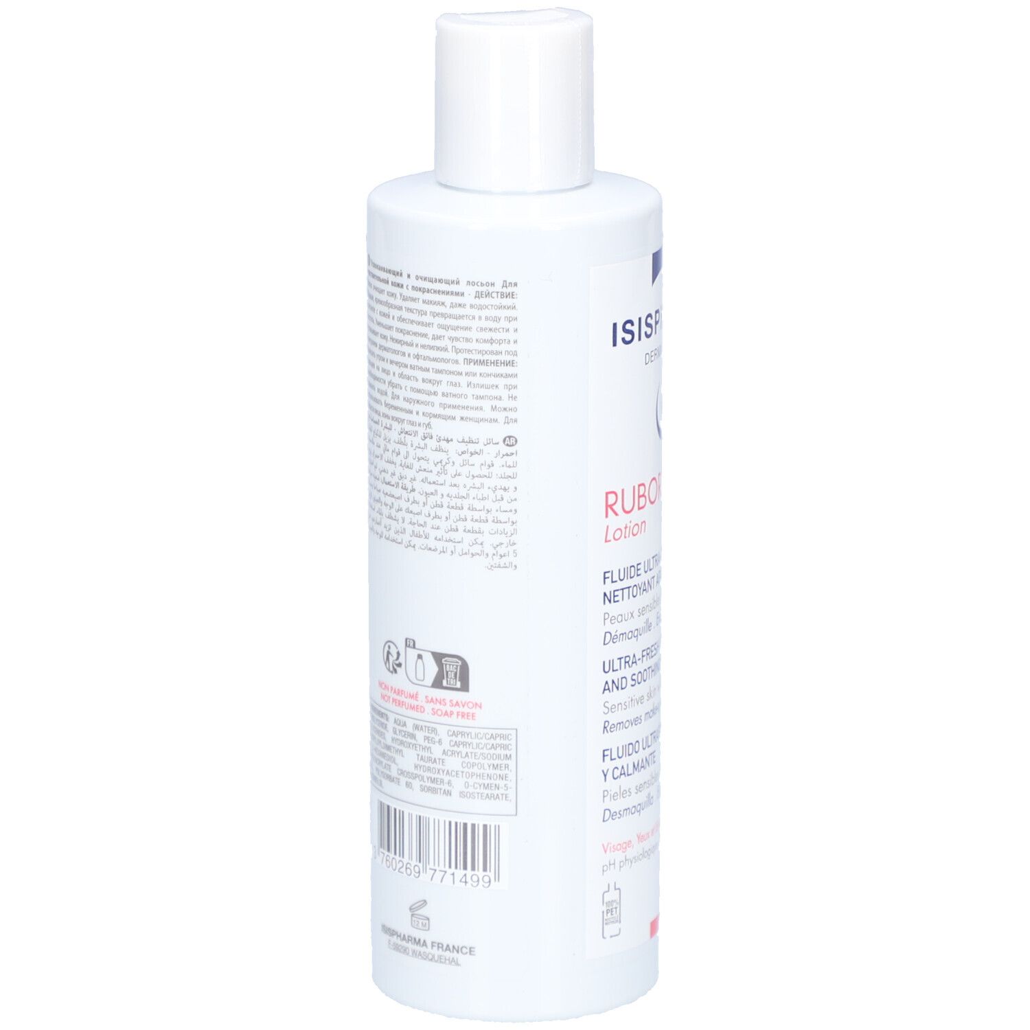 Dos d'un flacon blanc. Texte multilingue. Code QR et code-barres. Fabriqué en France.