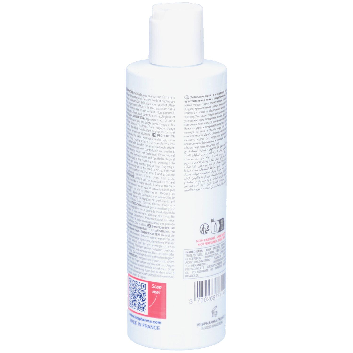 Flacon blanc avec bouchon rabattable. Inscription ISISPHARMA Ruboril Lotion. Texte multilingue. 250 ml.