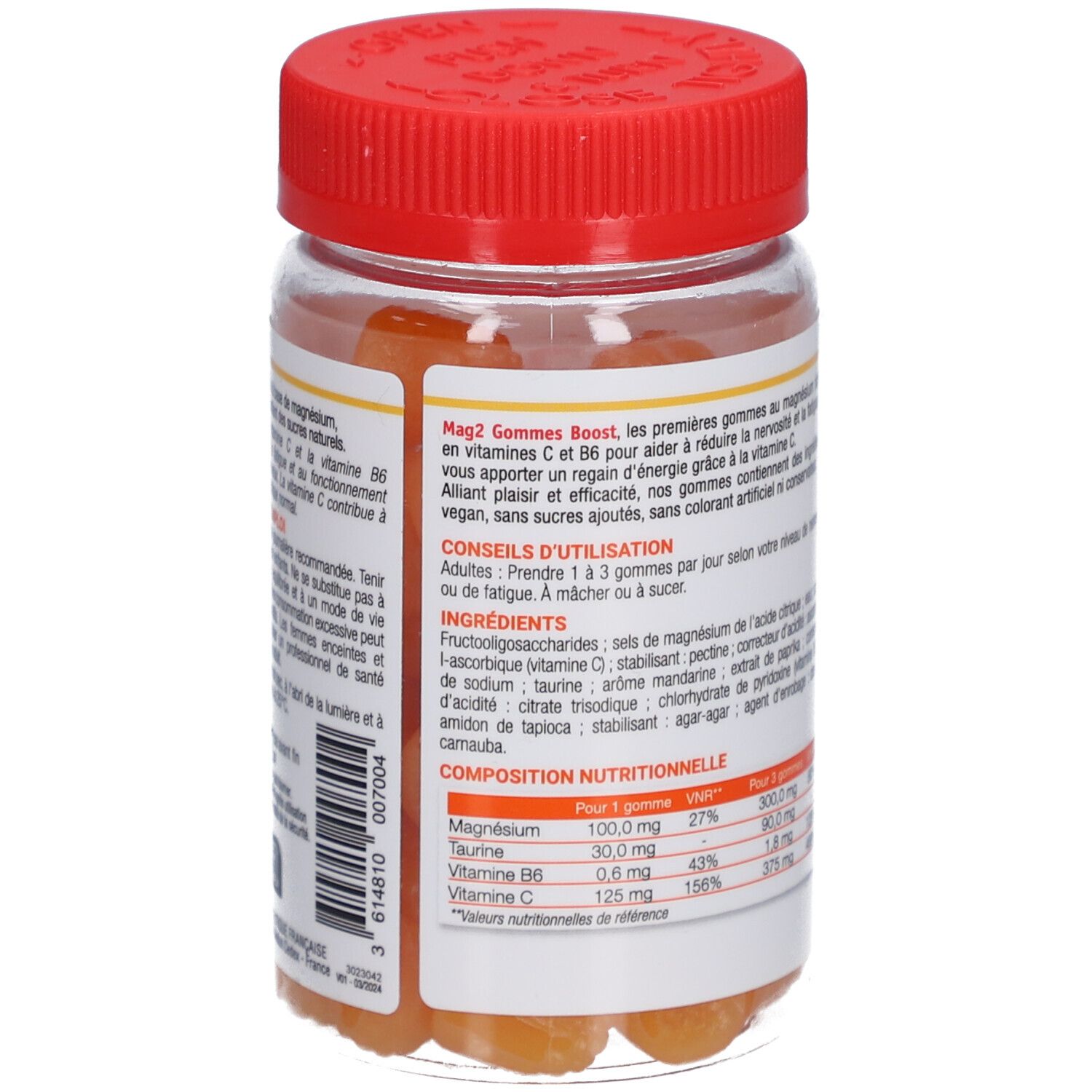 MAG 2 - Gommes BOOST -  Anti-nervosité et anti-fatigue - Sans sucres ajoutés et sans colorant artificiel - Ingrédients vegan -Arôme naturel de mandarine - Complément alimentaire à base de magnésium, taurine, vitamines B6 et C - 45 gommes