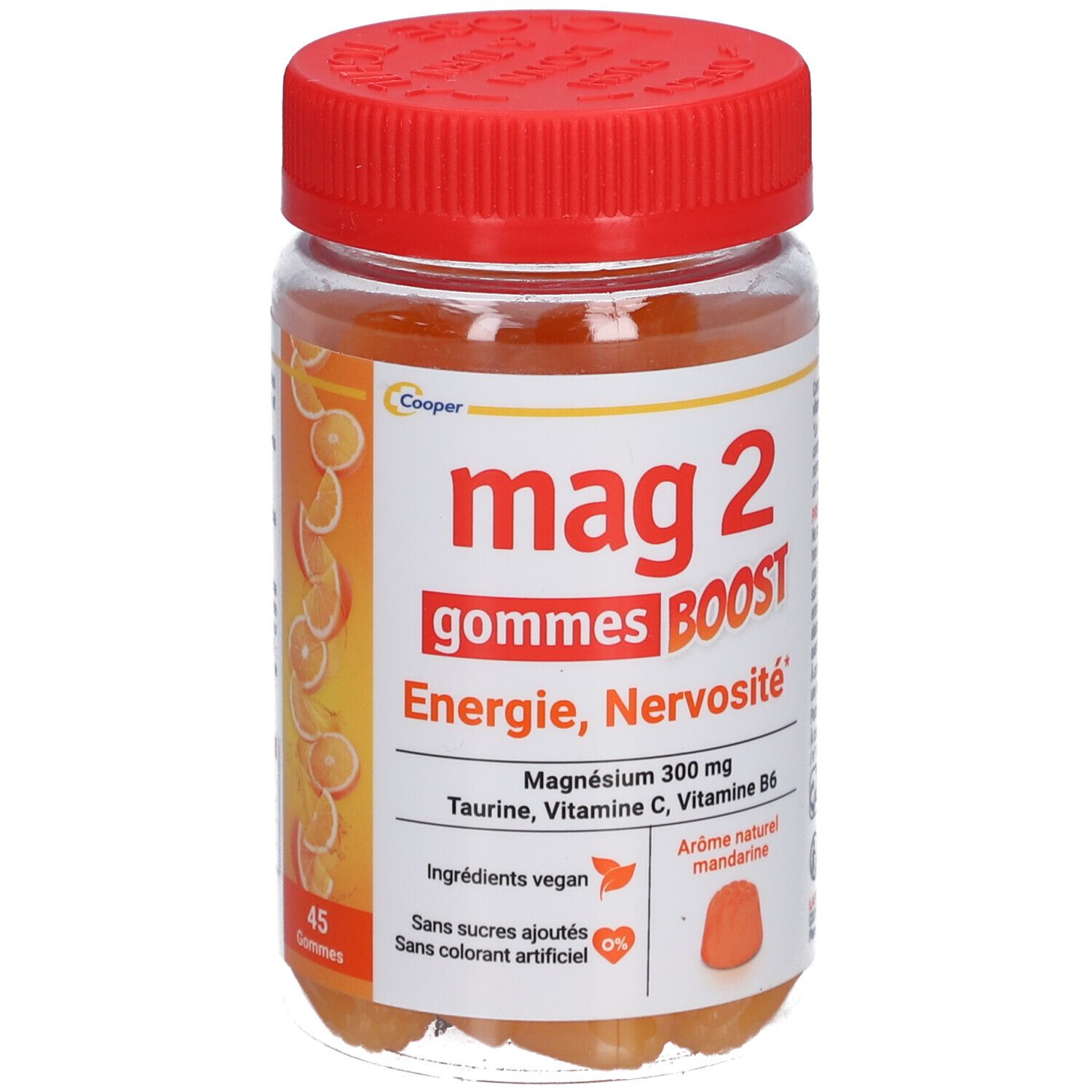 MAG 2 - Gommes BOOST -  Anti-nervosité et anti-fatigue - Sans sucres ajoutés et sans colorant artificiel - Ingrédients vegan -Arôme naturel de mandarine - Complément alimentaire à base de magnésium, taurine, vitamines B6 et C - 45 gommes