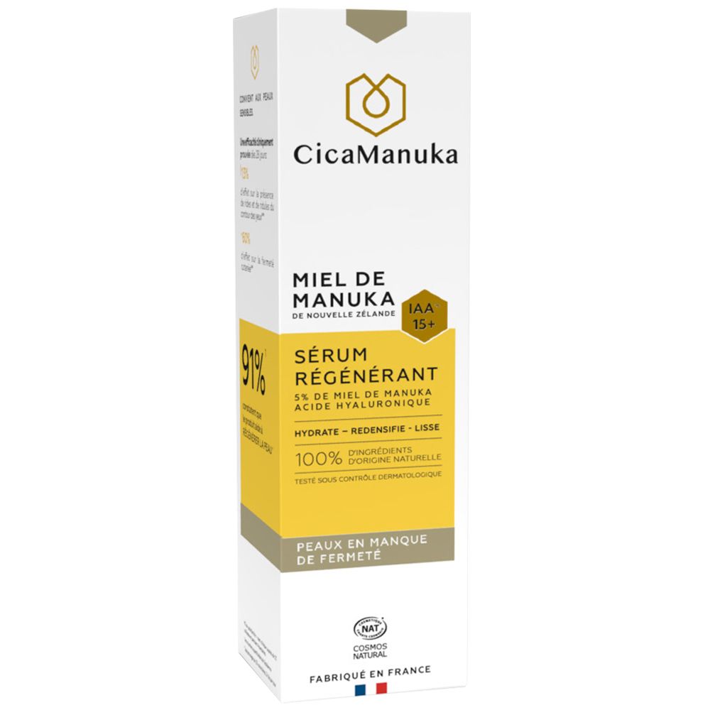 Emballage du sérum CicaManuka. Inscription: Miel de Manuka, Sérum régénérant. Avec certifications.