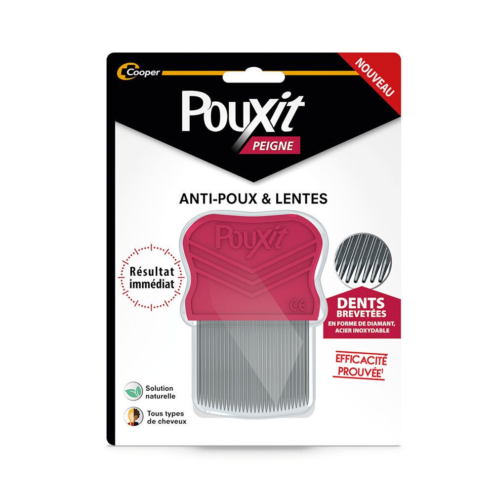 Emballage Pouxit avec peigne rouge anti-poux et lentes. Acier inoxydable. Résultat immédiat.