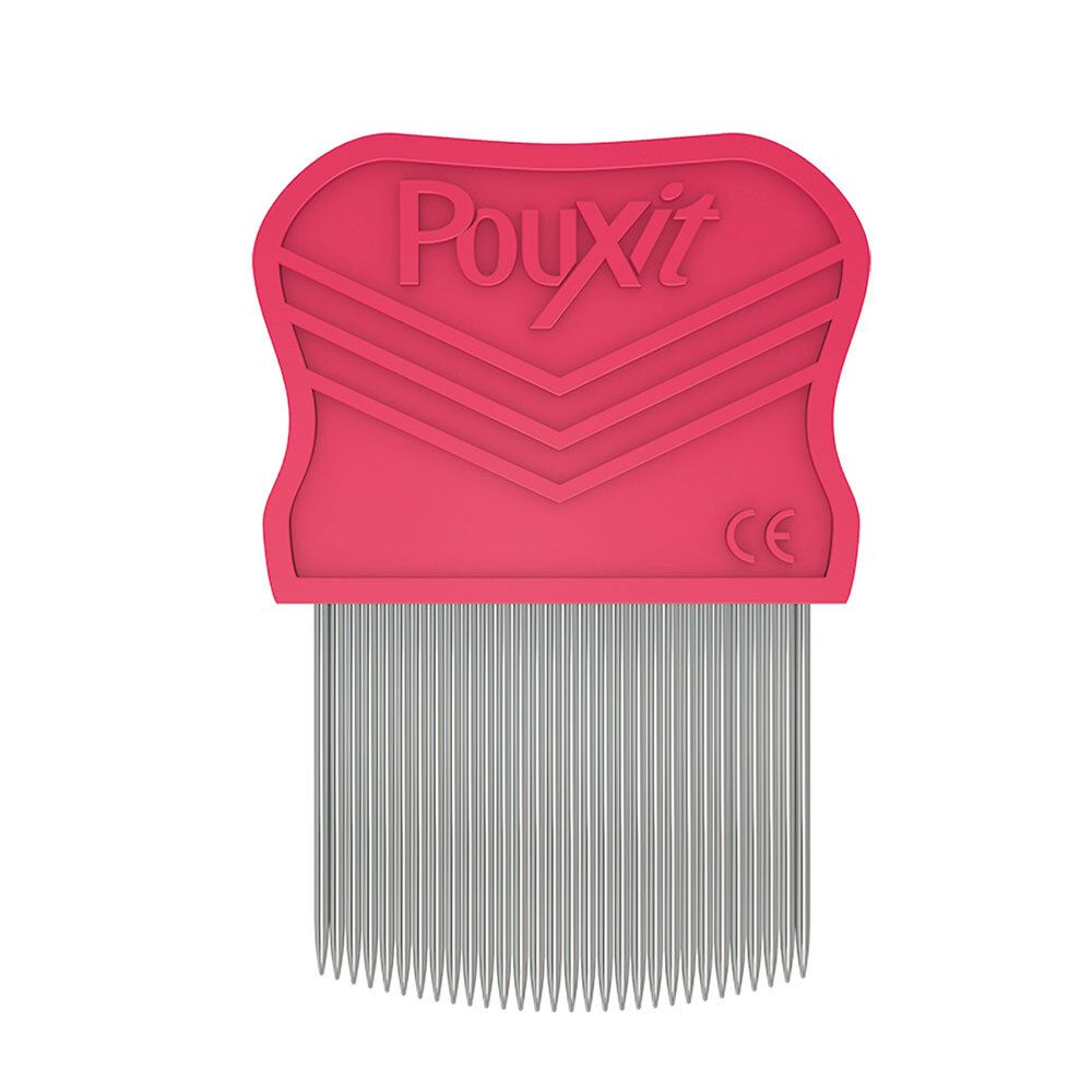 Peigne anti-poux et lentes rouge. Logo Pouxit. Dents en acier inoxydable.