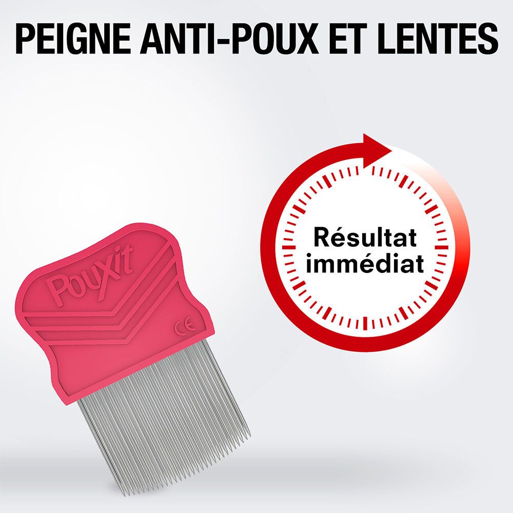 Peigne anti-poux et lentes rouge. Texte: Résultat immédiat. Cercle rouge.