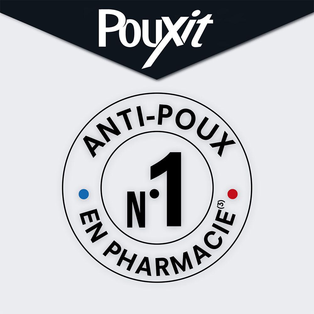 Logo Pouxit. Texte: Anti-poux. N°1 en pharmacie.