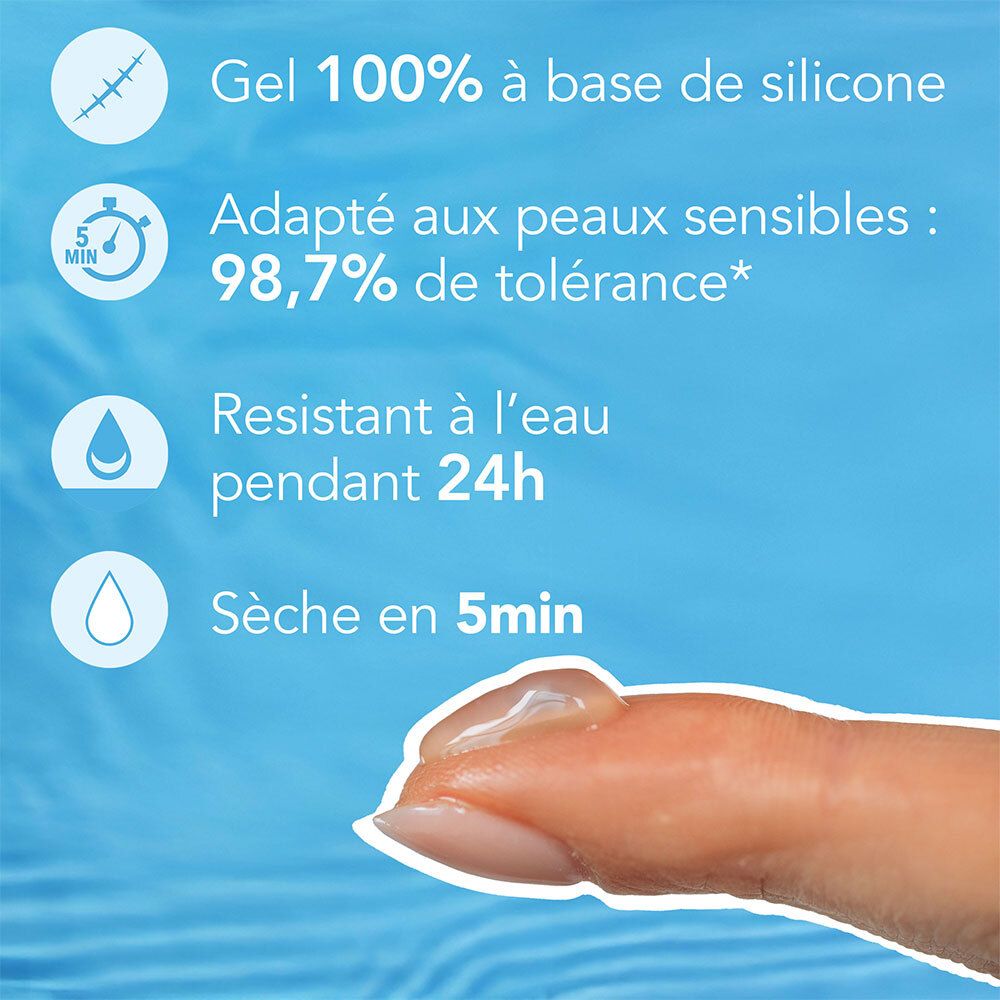 Gel 100% à base de silicone. Adapté aux peaux sensibles. Résistant à l'eau 24h. Sèche en 5min.
