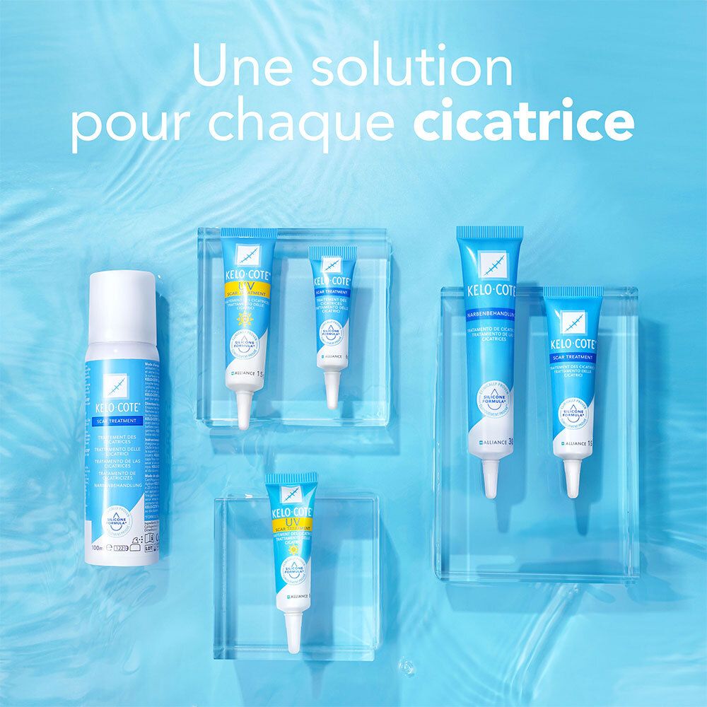 Différents produits KELO-COTE. Gels, tubes, flacons. Présentés sur des plaques de verre.