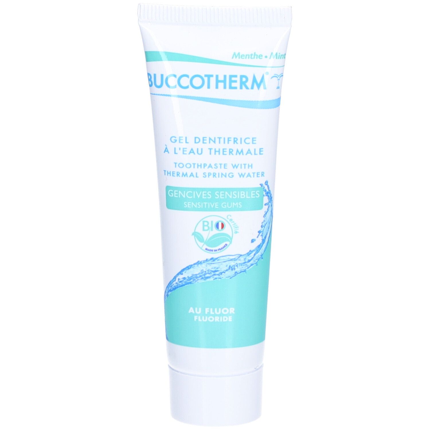 Tube de dentifrice blanc et bleu. Inscriptions: BUCCOTHERM, Gel dentifrice, Gencives sensibles. Certification Bio.