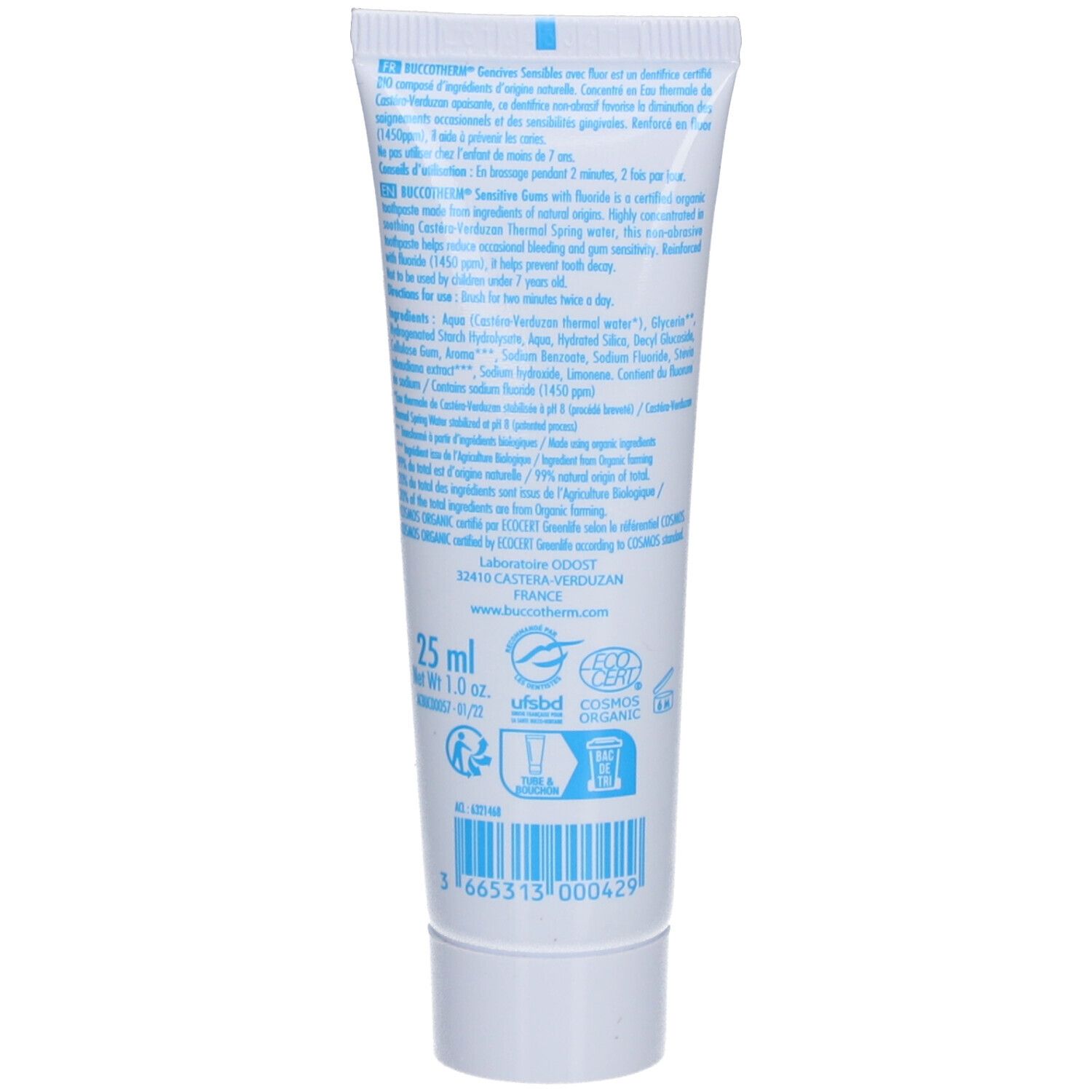 Dos du tube de dentifrice. Texte, ingrédients, certification Bio, 25 ml. Code-barres.