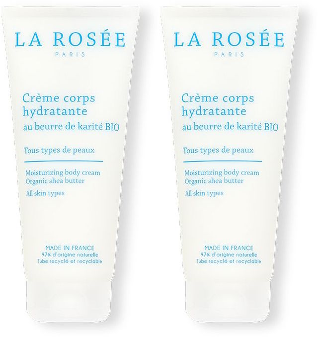 Deux tubes de crème hydratante. Inscription: LA ROSÉE, Crème corps hydratante, au beurre de karité BIO. Pour tous types de peaux. Fabriqué en France.
