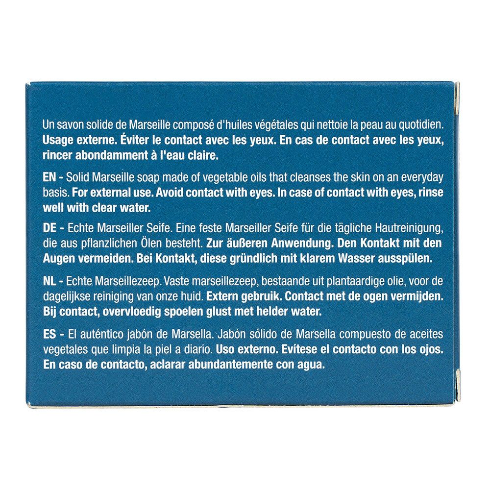 Vue latérale d'une boîte de Savon de Marseille avec instructions d'utilisation multilingues.