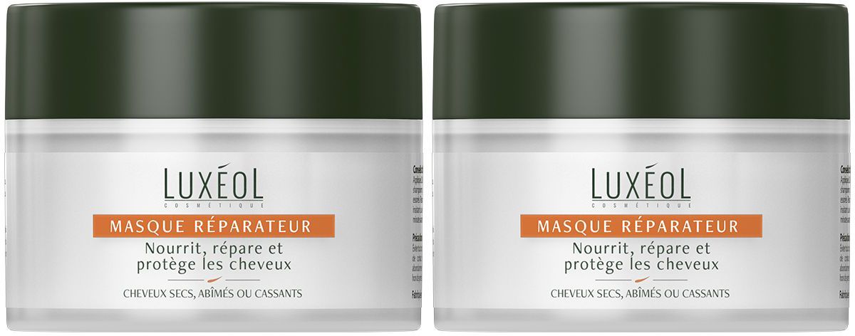 Deux pots de Luxéol Masque Réparateur. Récipient blanc avec couvercle vert foncé. Bande orange avec texte. Produit pour cheveux secs et abîmés.