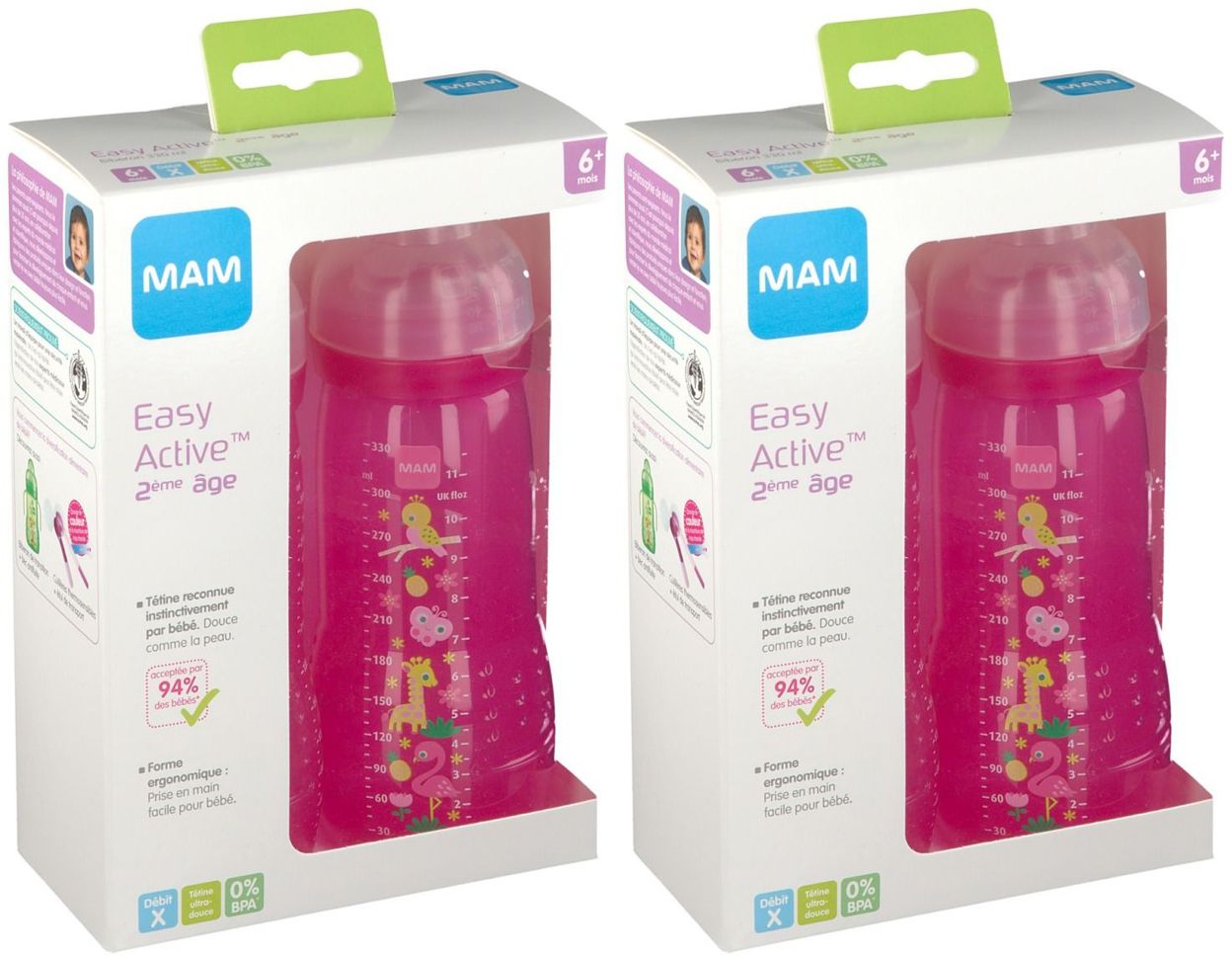 MAM biberon 330ml +6 mois rose La couleur et/ou le design peuvent différer de l'image