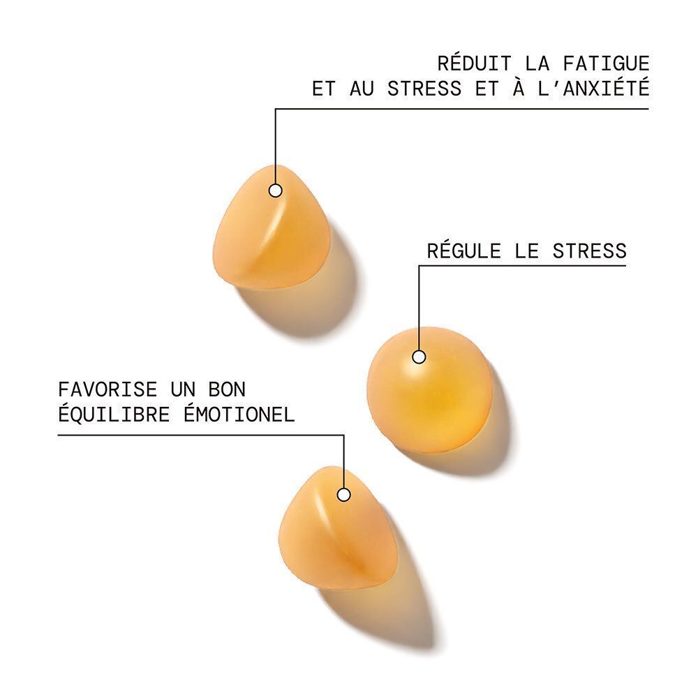 Trois gummies jaunes avec texte: Réduit la fatigue, régule le stress, favorise l'équilibre émotionnel.