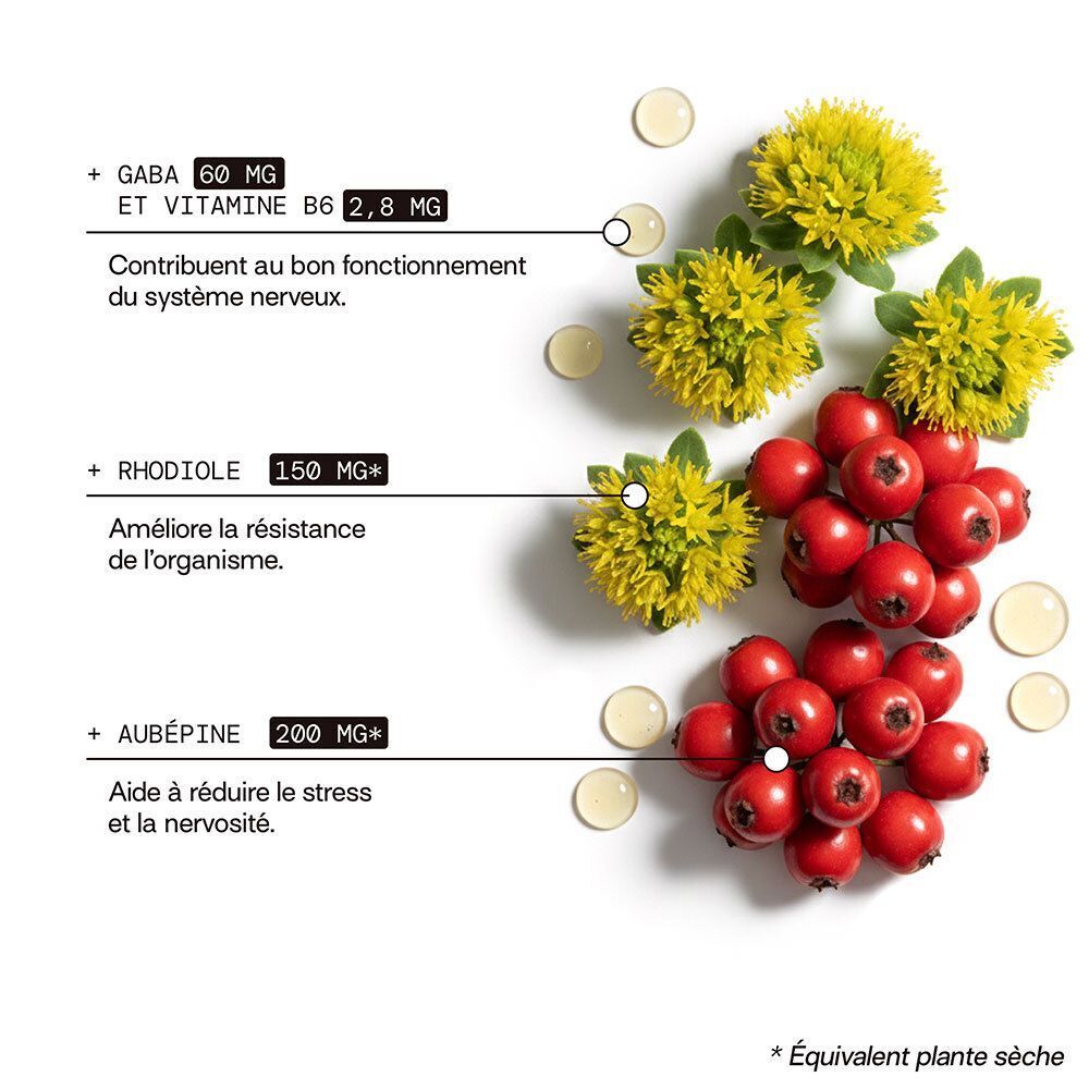Gummies avec des ingrédients comme le Rhodiola, l'Aubépine, le GABA et la Vitamine B6, entourées de plantes.