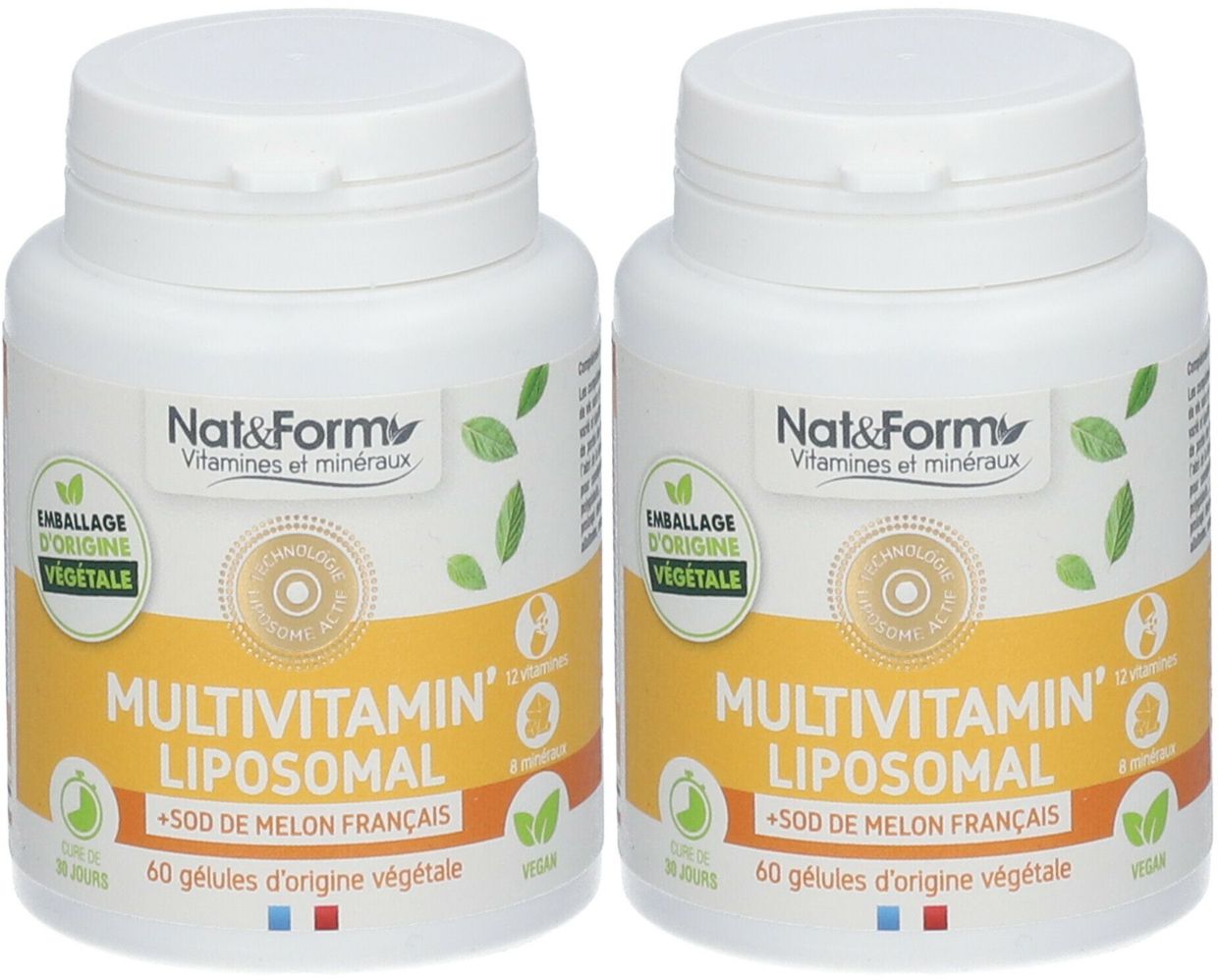 Deux flacons blancs de 'Multivitamin Liposomal' de Nat & Form. Contient 60 gélules. Emballage d'origine végétale. Texte en français.