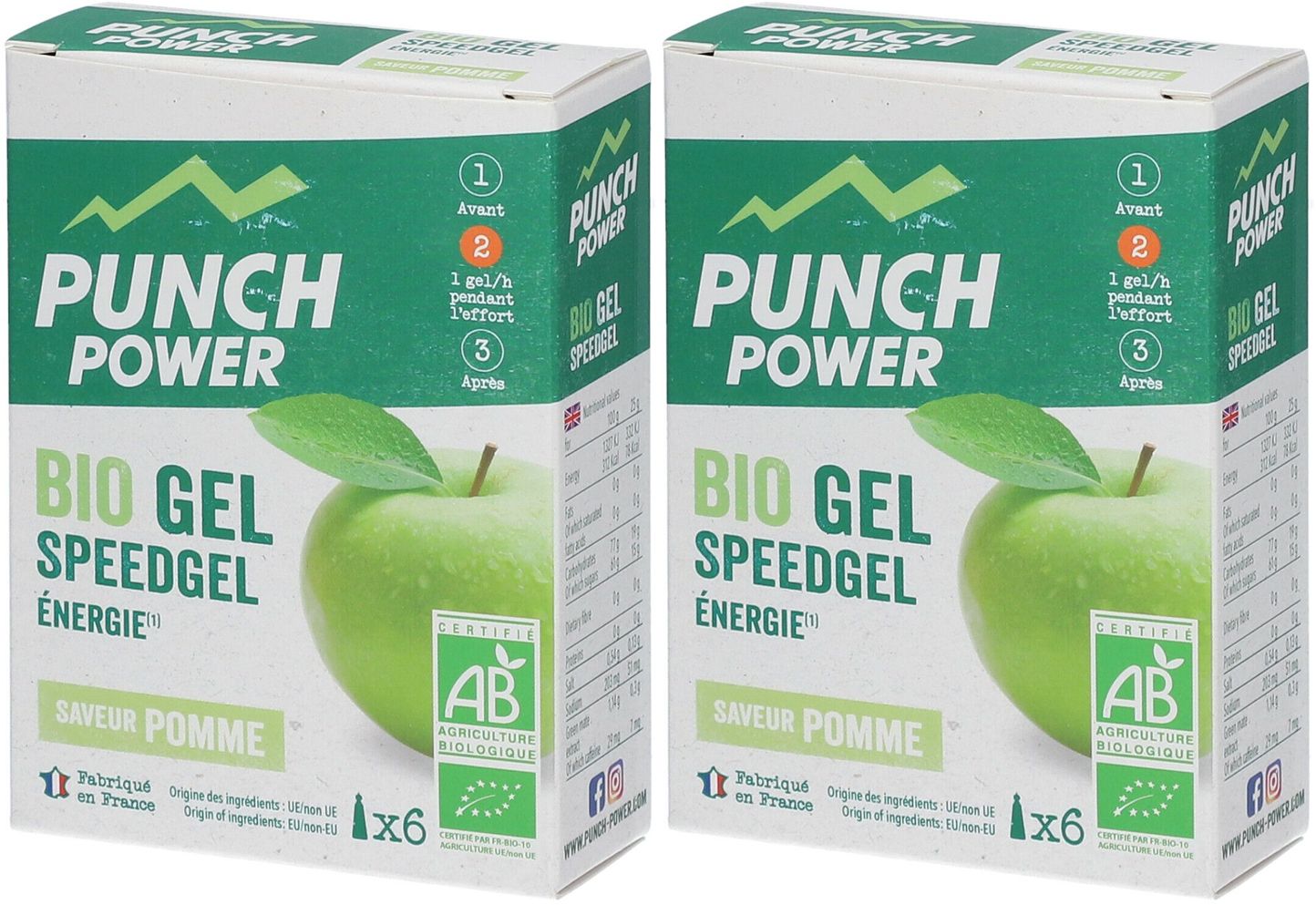 Deux boîtes de "PUNCH POWER Bio Gel Speedgel Pomme". Illustration de pomme verte. Certification AB. Texte: "SAVEUR POMME".