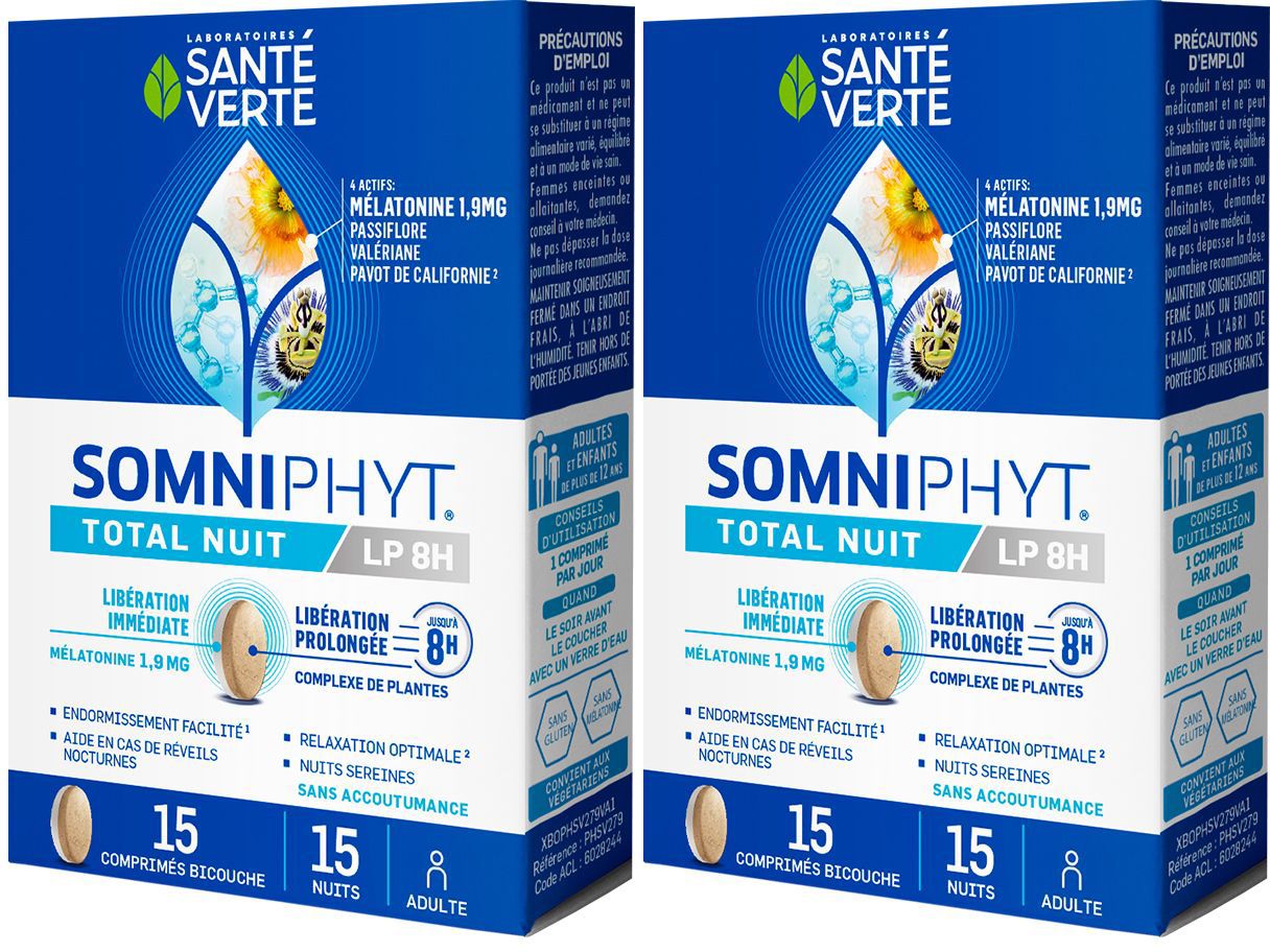 Boîte bleue et blanche avec logo et nom du produit. Contient des informations sur les ingrédients et les caractéristiques. 15 comprimés.