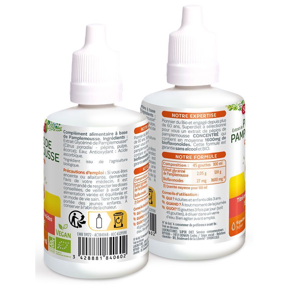 Vue arrière de deux flacons de SUPERDIET Extrait de Pépins de Pamplemousse, 50 ml, BIO.