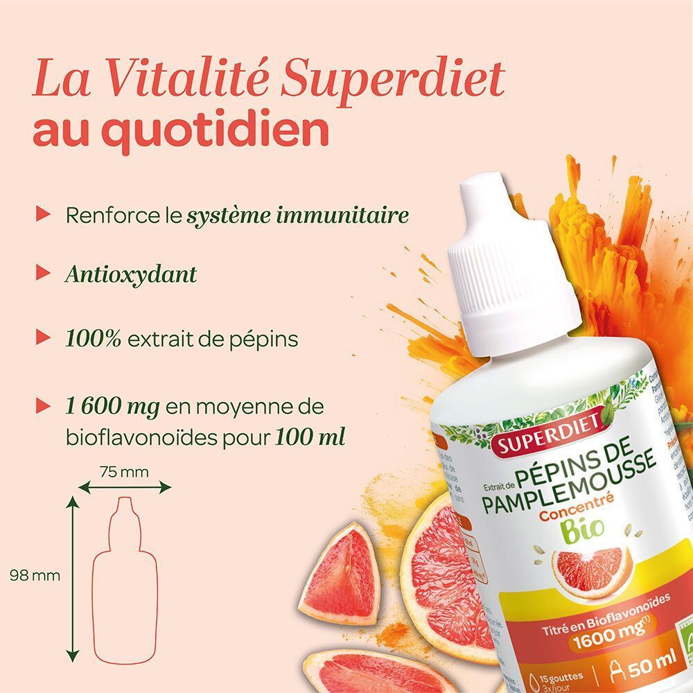Flacon SUPERDIET Extrait de Pépins de Pamplemousse avec dimensions 98 mm hauteur, 75 mm largeur. BIO.