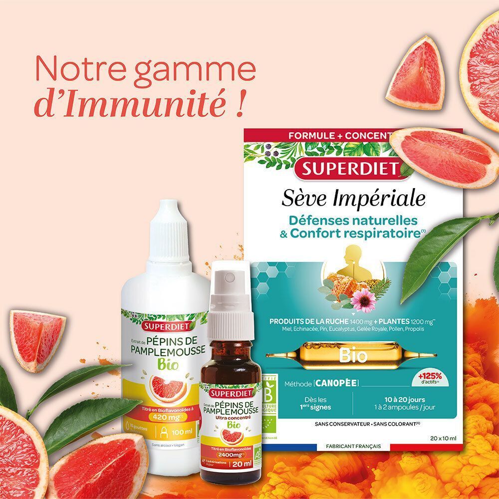 Gamme Immunité SUPERDIET : Extrait de Pépins de Pamplemousse et Sève Impériale.