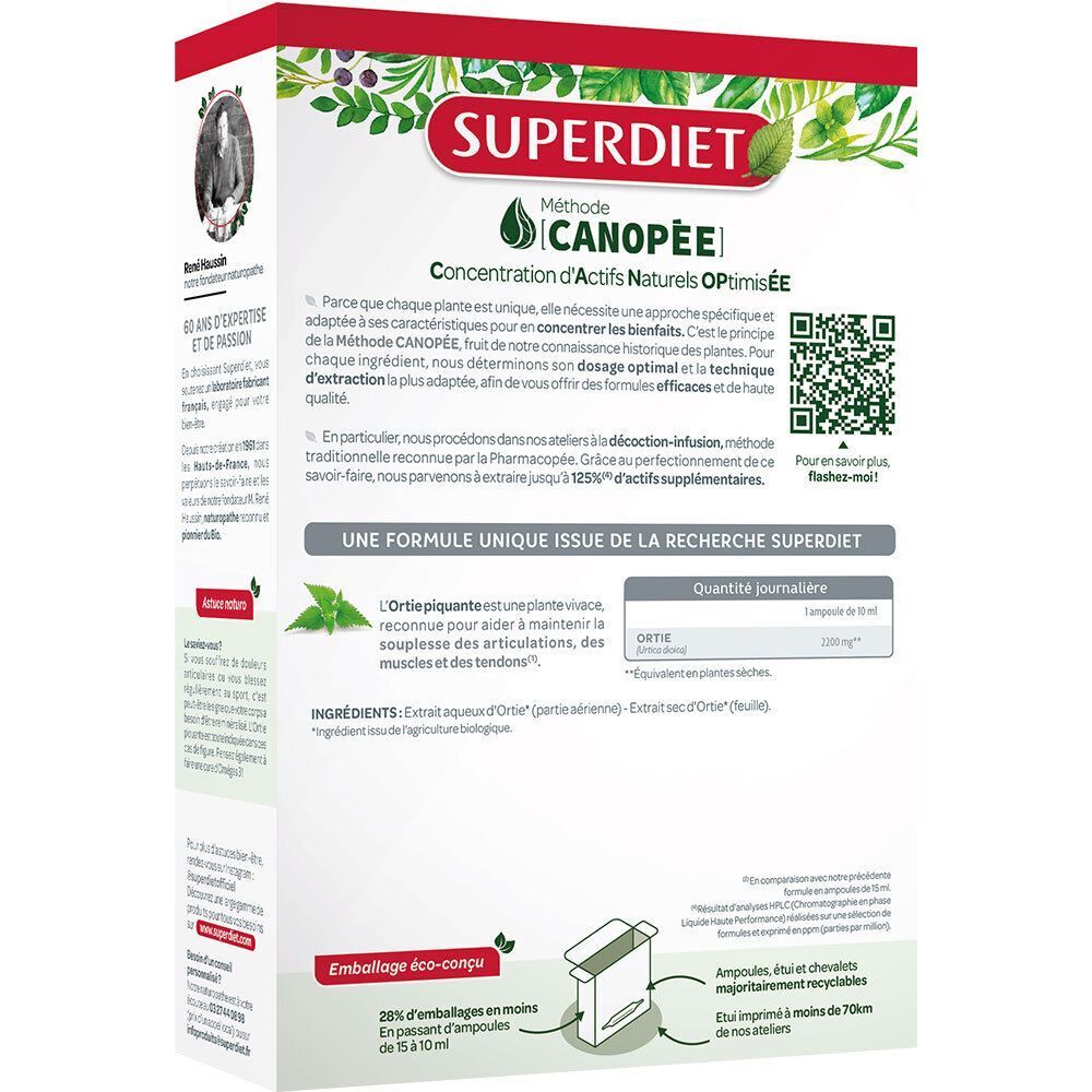 Arrière d'une boîte de SUPERDIET Ortie piquante BIO Ampoules avec informations sur l'utilisation et les ingrédients.