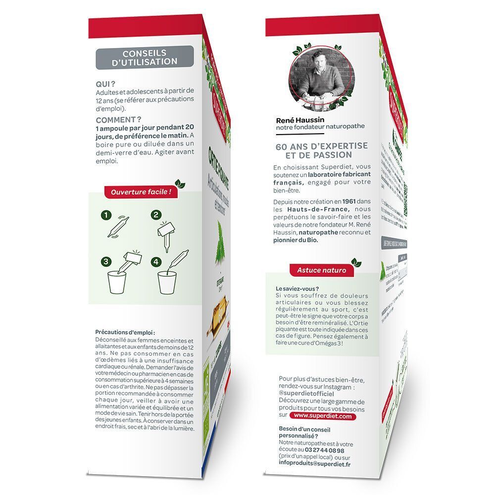 Vue latérale d'une boîte de SUPERDIET Ortie piquante BIO Ampoules avec conseils d'utilisation et portrait du fondateur.