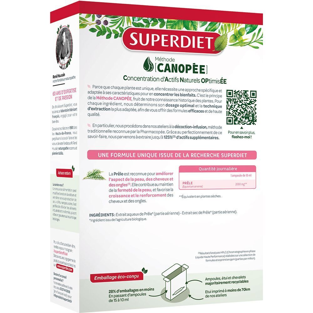 Arrière d'une boîte SUPERDIET Prêle BIO Ampoules avec instructions et ingrédients.