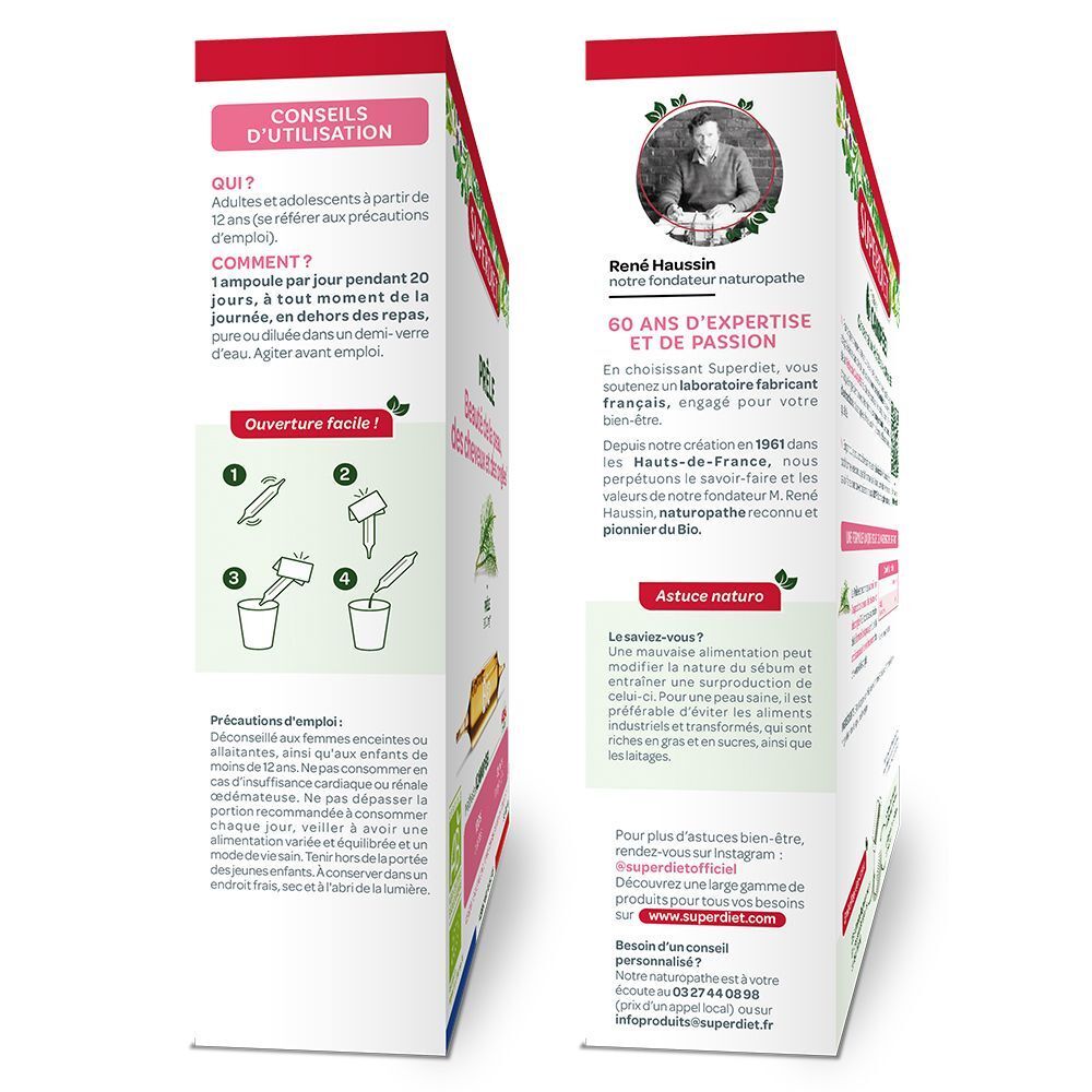 Vue latérale d'une boîte SUPERDIET Prêle BIO Ampoules avec conseils d'utilisation et infos fondateur.