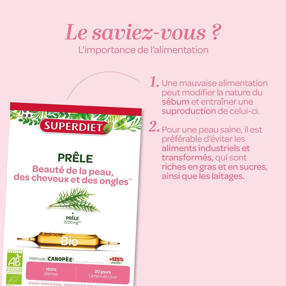 Boîte SUPERDIET Prêle BIO Ampoules axée sur les soins de la peau, des cheveux et des ongles.