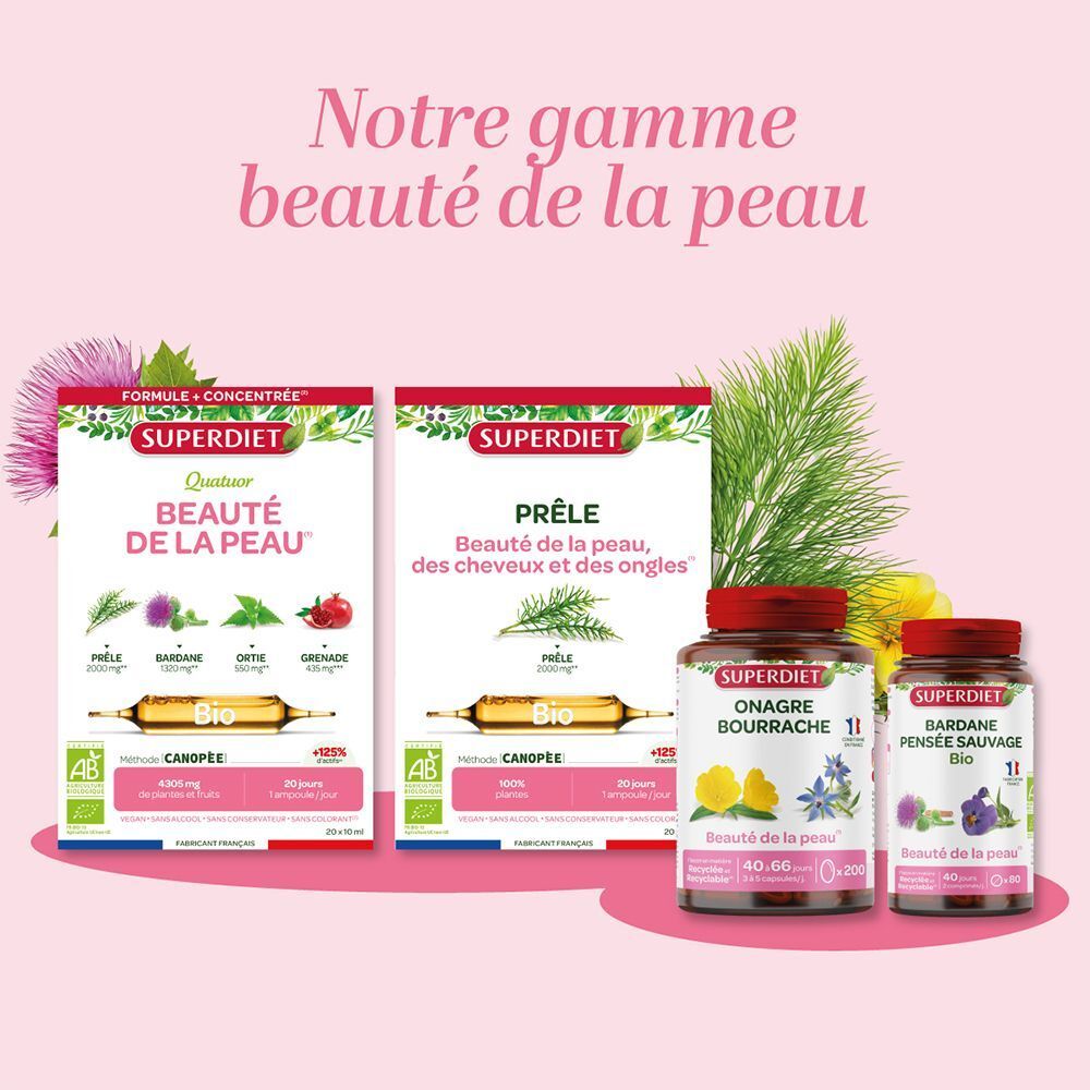 Gamme SUPERDIET beauté de la peau : Prêle, mélange beauté, bourrache et pensée sauvage.