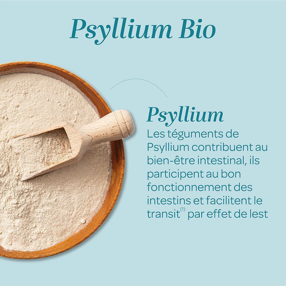Psyllium en poudre dans un bol en bois avec une cuillère. Le psyllium contribue au bien-être intestinal.