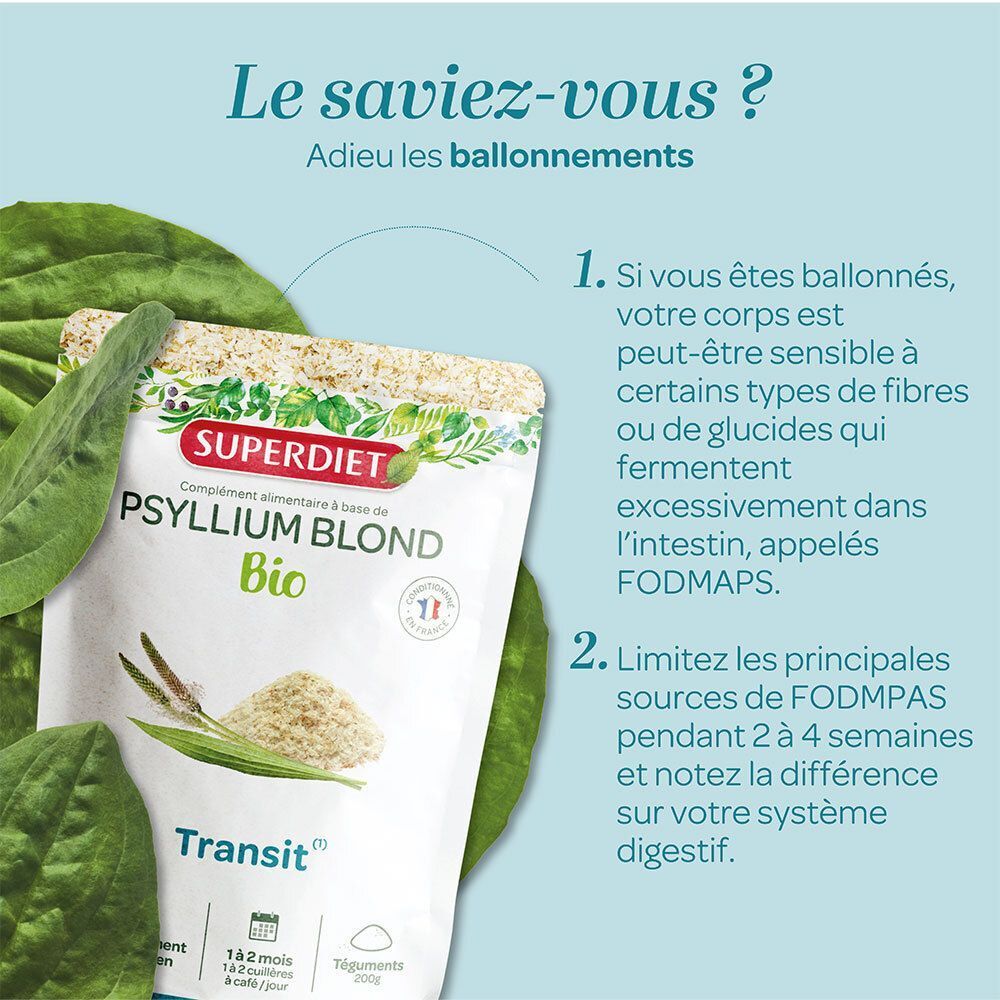 Sachet de poudre Superdiet Psyllium Blond Bio pour le transit.