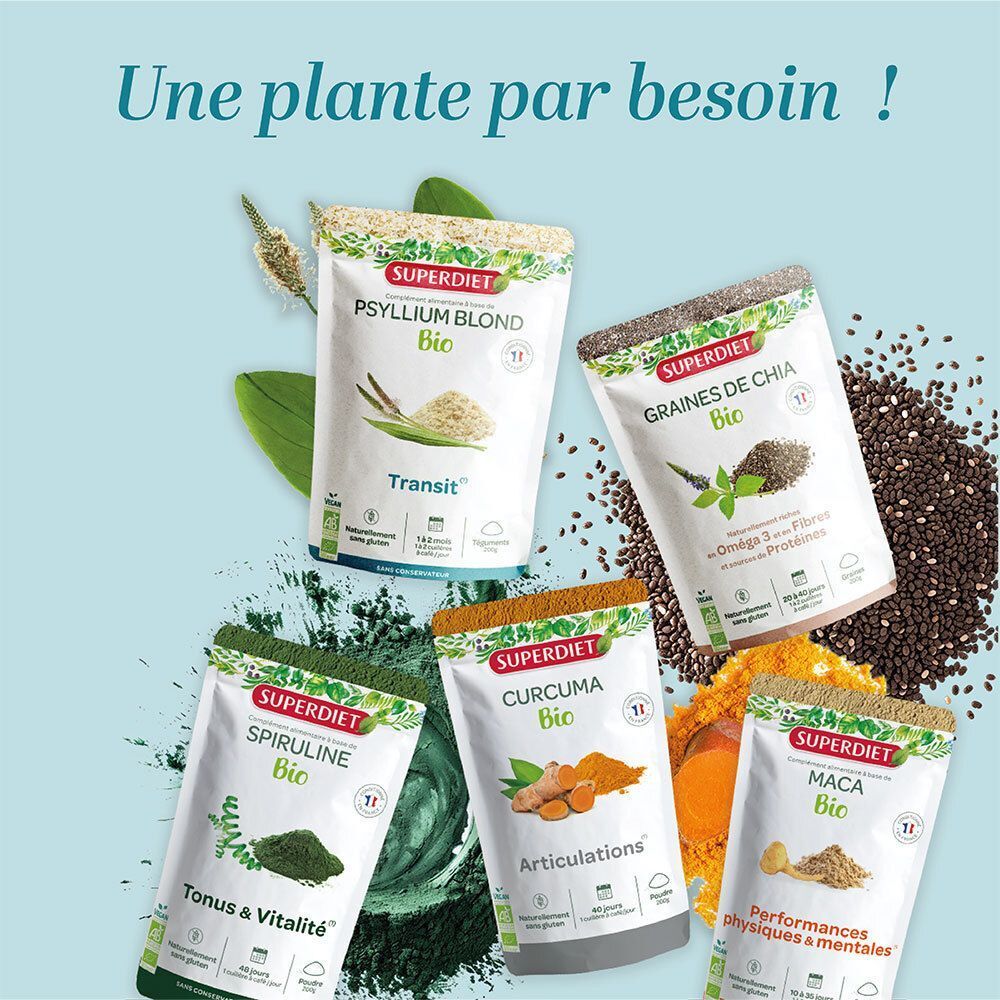 Superdiet Bio Poudres: Psyllium Blond, Graines de Chia, Spiruline, Curcuma, Maca.