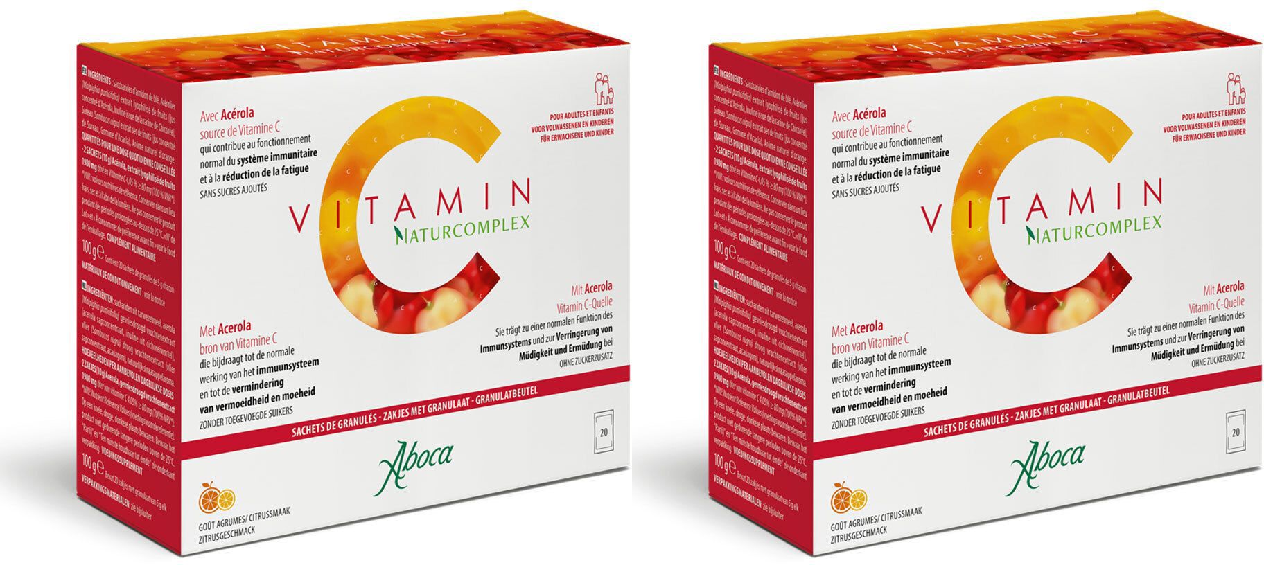 Deux boîtes de "Vitamin C Naturocomplex". Fond blanc, cadre rouge. Texte en allemand, néerlandais et français.