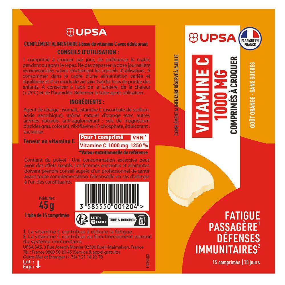 Complément alimentaire UPSA Vitamine C 1000 mg - 15 comprimés à croquer