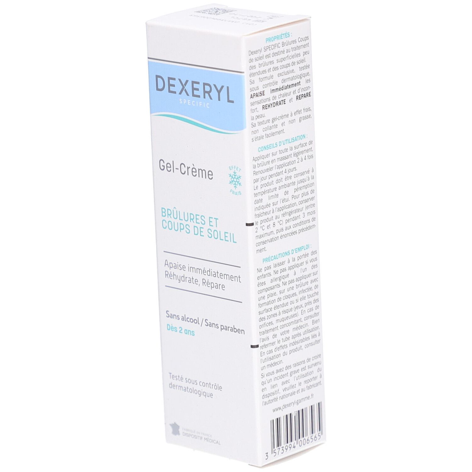 Boîte DEXERYL SPECIFIC Gel-Crème. Texte: Brûlures et coups de soleil. Sans alcool, sans parabène. Dès 2 ans.