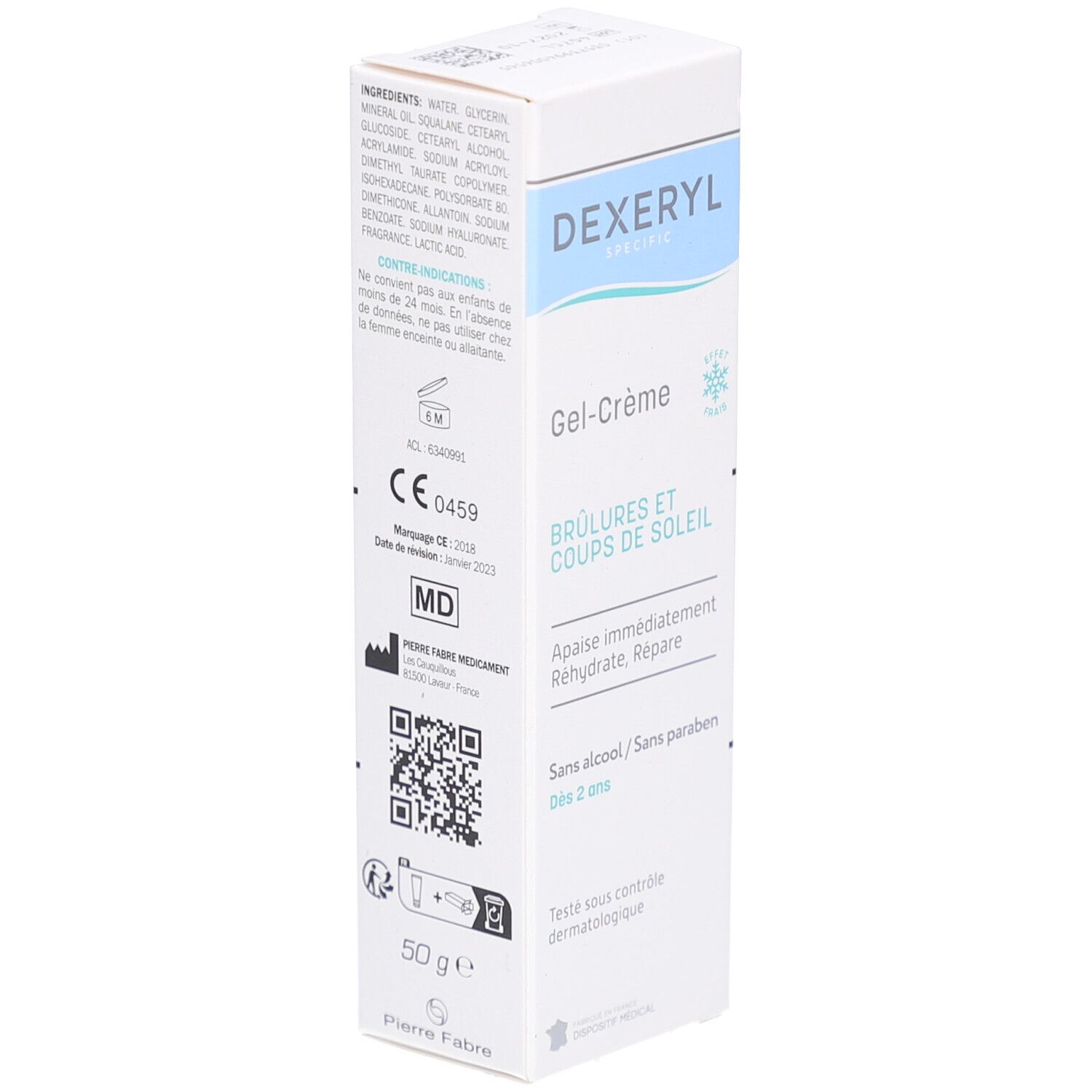 Boîte DEXERYL SPECIFIC Gel-Crème. Texte: Brûlures et coups de soleil. Sans alcool, sans parabène. 50 g. Marquage CE.