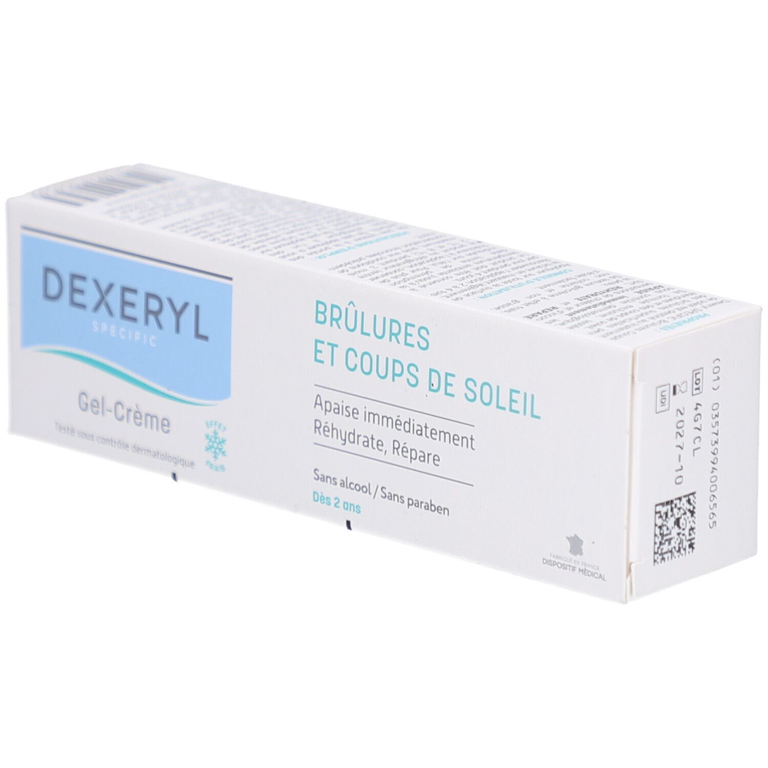 Boîte DEXERYL SPECIFIC Gel-Crème. Texte: Brûlures et coups de soleil. Sans alcool, sans parabène. Date de péremption 2027-10.