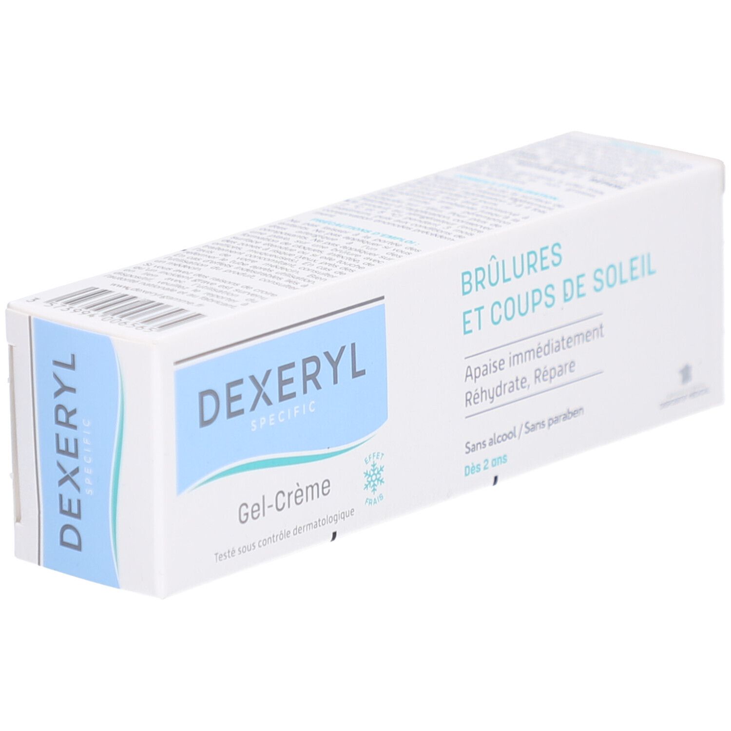 Boîte DEXERYL SPECIFIC Gel-Crème. Texte: Brûlures et coups de soleil. Sans alcool, sans parabène. Dès 2 ans.