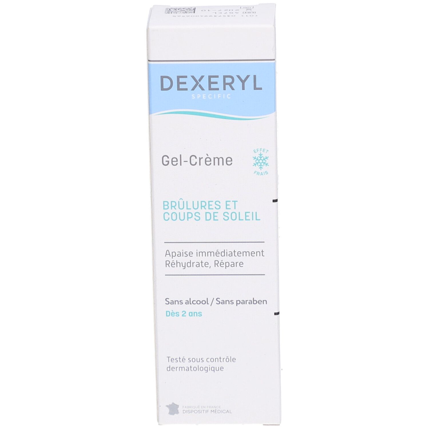 Boîte DEXERYL SPECIFIC Gel-Crème. Texte: Brûlures et coups de soleil. Sans alcool, sans parabène. Dès 2 ans.
