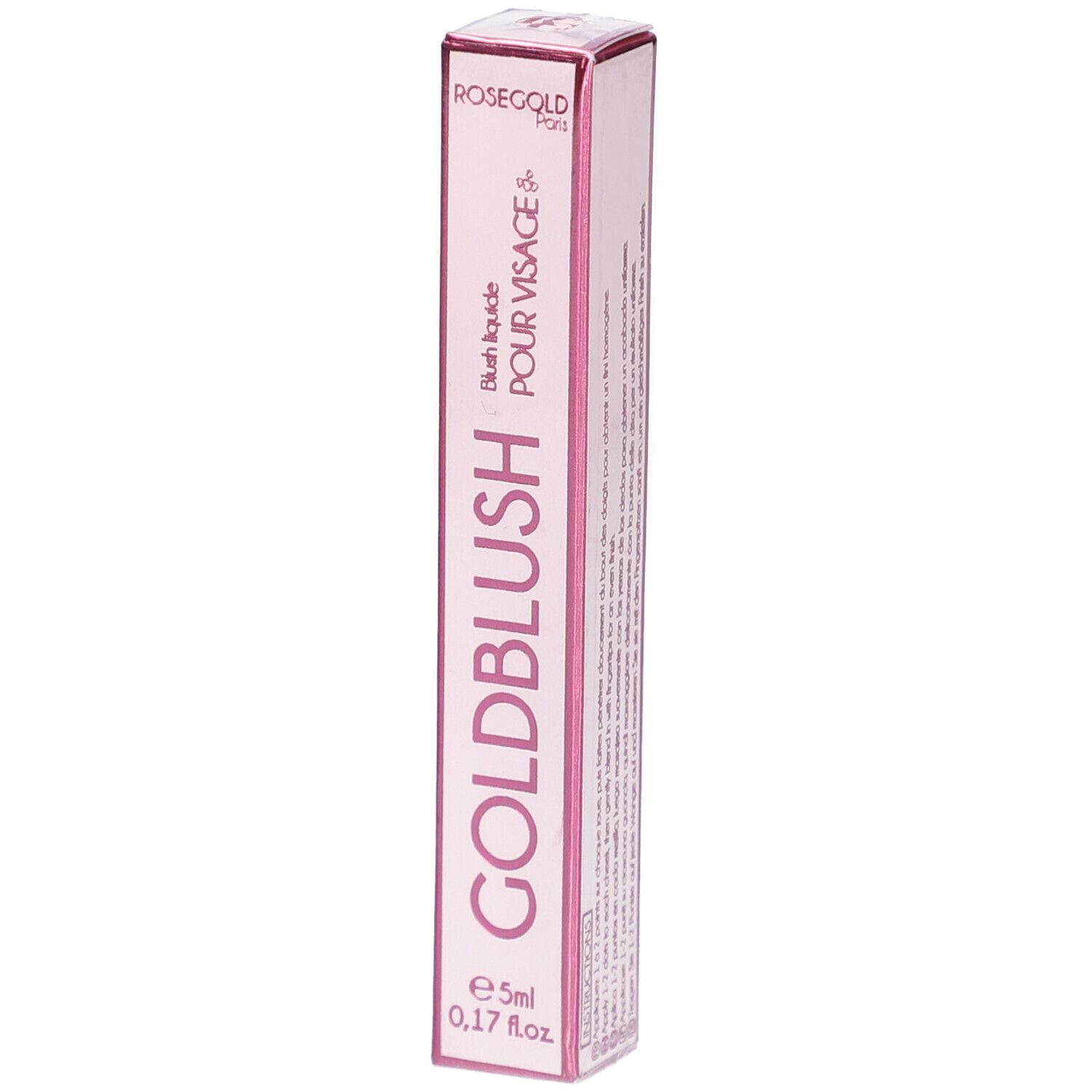 Emballage rose avec le nom du produit GOLDBLUSH. Texte: Blush liquide POUR VISAGE. Volume: 5ml.