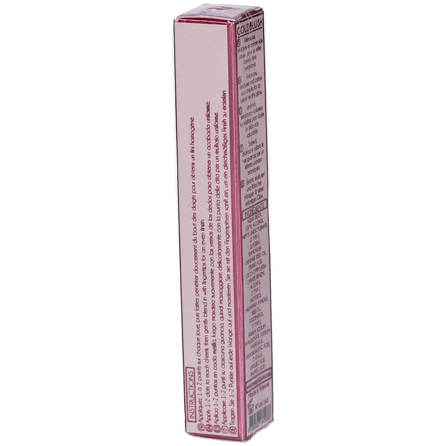 Emballage rose avec instructions. Nom du produit GOLDBLUSH. Texte: Blush liquide POUR VISAGE.