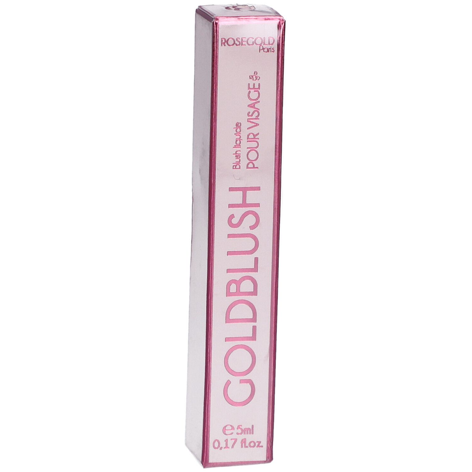 Emballage rose avec le nom du produit GOLDBLUSH. Texte: Blush liquide POUR VISAGE. Volume: 5ml.