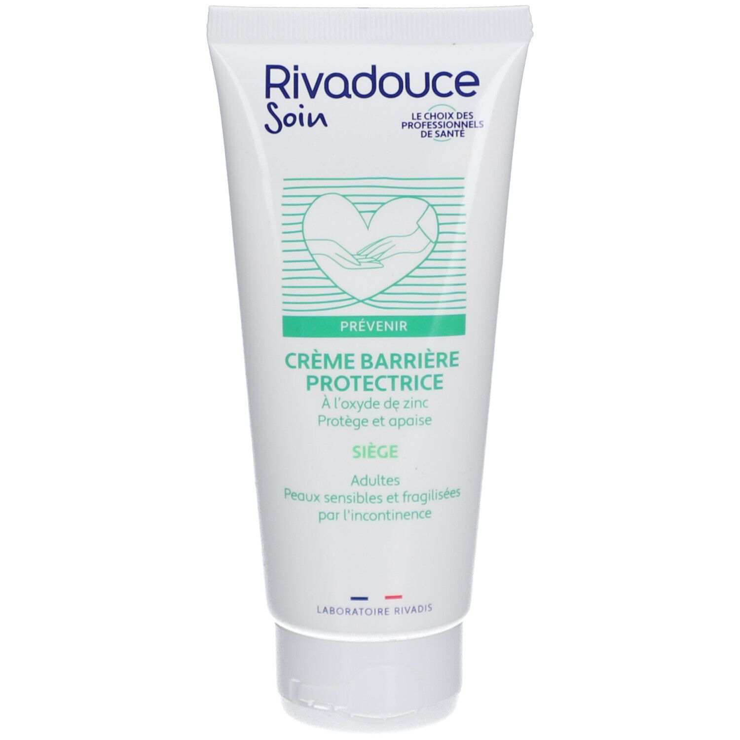 Tube blanc avec texte vert. "Rivadouce Soin" et "Crème Barrière Protectrice" visibles. Illustration d'un cœur avec des mains.